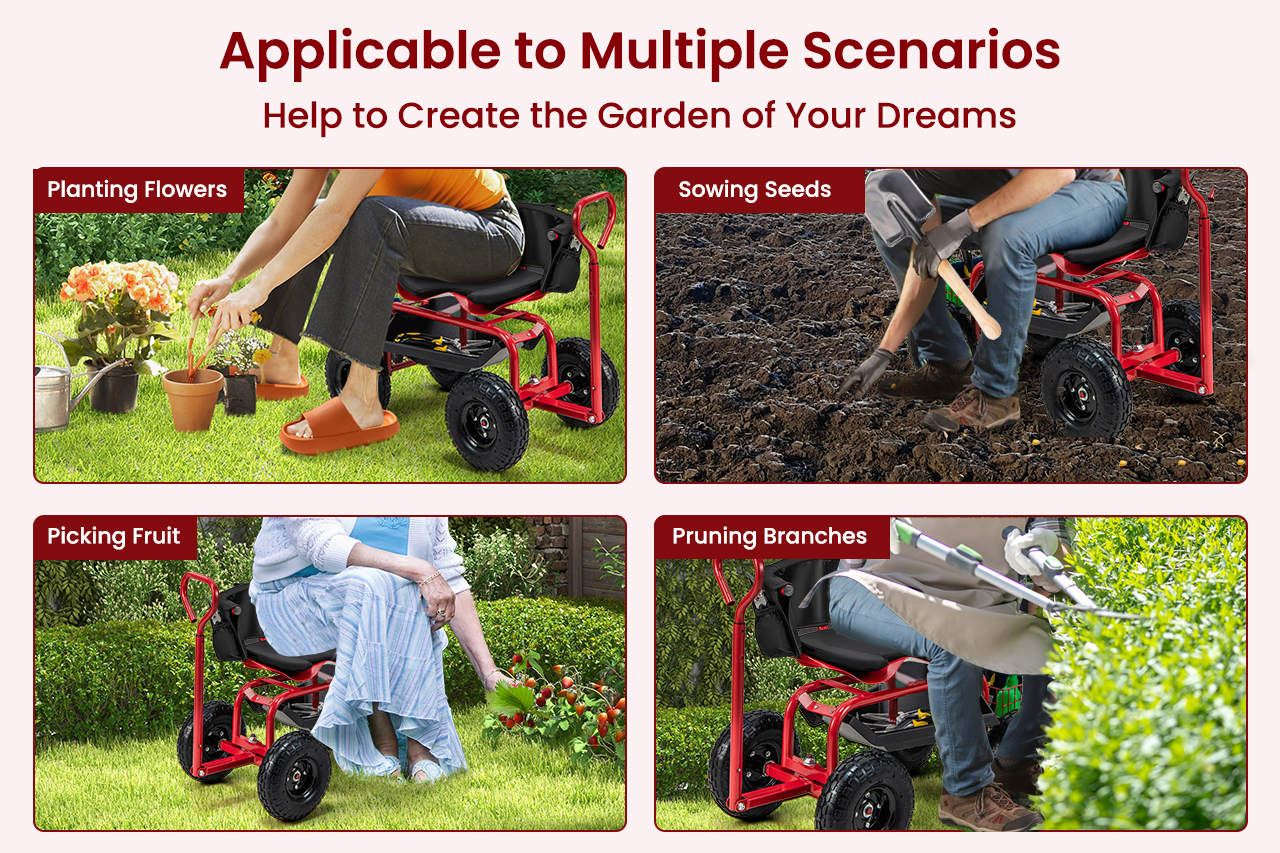 Cushioned Rolling Garden Cart Scooter with Storage Basket and Tool Pouch